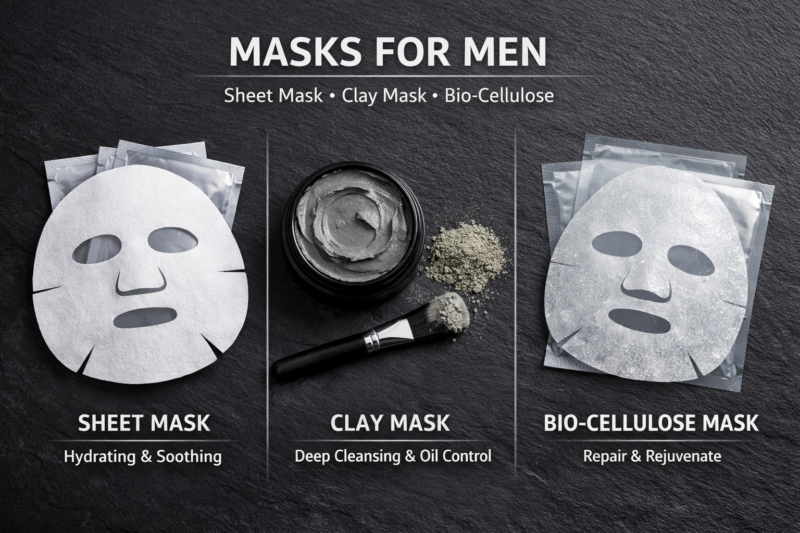 Discover the differences between sheet masks, clay masks, and bio-cellulose masks for men
