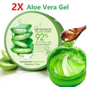 Green aloe vera soothing gel jar with a wooden spoon lifting gel.