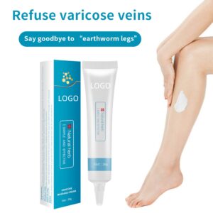 Leg massage cream tube and carton beside a person applying cream to a calf.