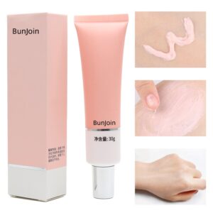 Pink BunJoin makeup primer tube and carton with product texture and application photos.