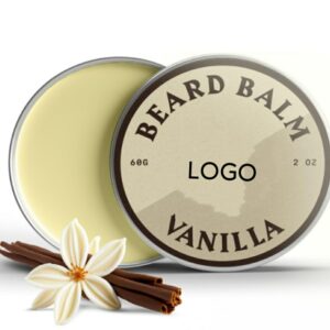 Open vanilla beard balm tin with a placeholder logo, vanilla flower and pods.