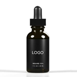 Dark glass beard oil dropper bottle with a placeholder logo.