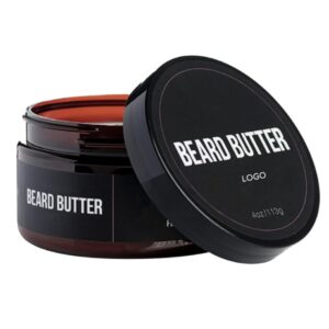 Open dark beard butter jar with its black lid.