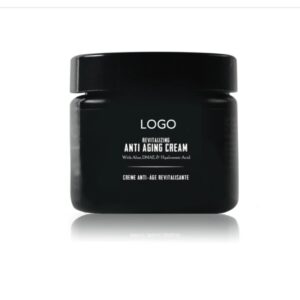 Black cosmetic jar labeled retinol anti-aging cream with a placeholder logo.