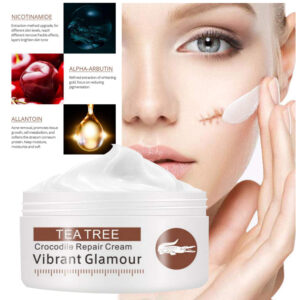 Crocodile Repair Cream jar beside a model applying white cream to her cheek.