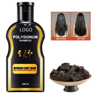 Polygonum shampoo bottle beside botanical pieces and before-and-after hair images.