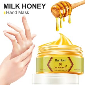 BunJoin milk and honey hand mask jar with a honey dipper and hand illustration.