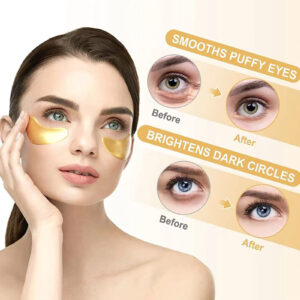 Woman wearing gold under-eye patches beside labeled before-and-after eye photos.