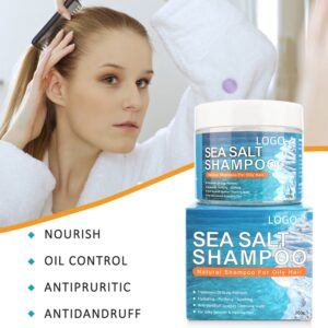 Sea salt shampoo jars beside a photo of a woman.
