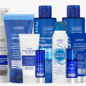 Blue and white skincare bottles and tubes with placeholder logos.