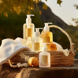 Body care bottles arranged in a wicker basket with towels outdoors.