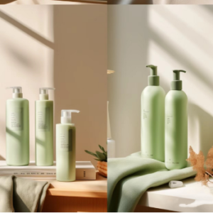 Pale green hair care pump bottles arranged on a counter with towels.