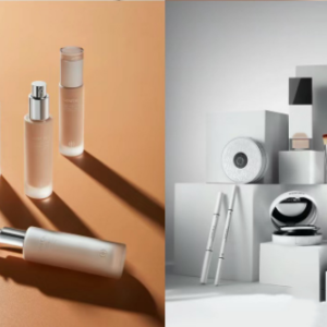 Cosmetic bottles, tubes and makeup containers displayed on geometric stands.
