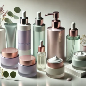 Pastel skincare pump bottles, dropper bottles, tubes and jars arranged with leafy stems.