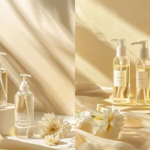 Clear makeup remover pump bottles on cream fabric with white flowers.