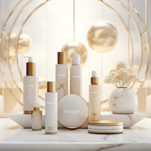 White and gold skincare containers arranged on display stands.