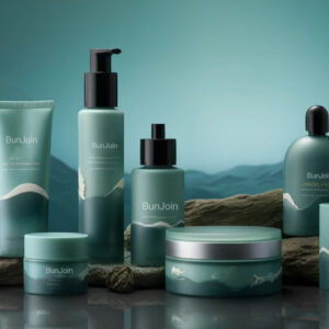 Teal BunJoin skincare bottles, tubes and jars against a mountain backdrop.