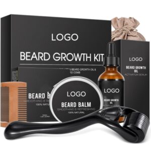Beard growth kit with oil, balm, comb, pouch and a grooming roller.