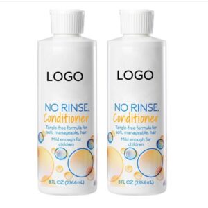 Two white no-rinse conditioner bottles with blue and yellow labels.