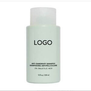 Pale green anti-dandruff shampoo bottle with a white cap and placeholder logo.