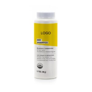 White bottle with a yellow label reading Dry Shampoo and a placeholder logo.