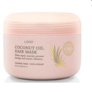 Pink coconut oil hair mask tub with a screw lid.