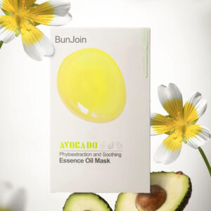 BunJoin avocado face mask packaging beside avocado halves and flowers.