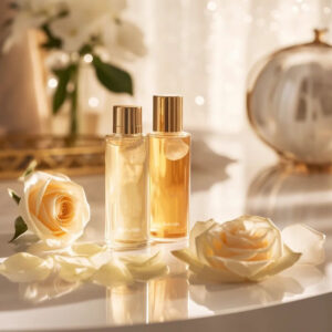 Two golden face toner bottles with gold caps beside cream-colored roses.