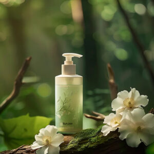 Pale green shampoo pump bottle resting on moss with white flowers.