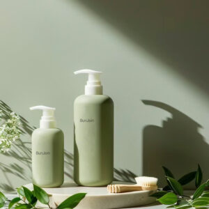 Two pale green shampoo pump bottles beside a brush and leaves.