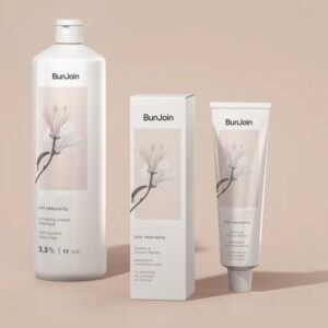 BunJoin hair dye bottle, tube and carton with botanical label artwork.