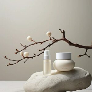 White foot cream jar and small spray bottle on a smooth stone.