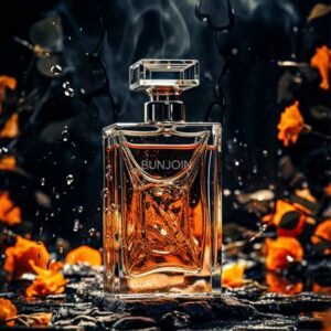 Amber BunJoin cologne bottle against a dramatic dark background.