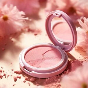 Open round pink blush compact beside pink petals.