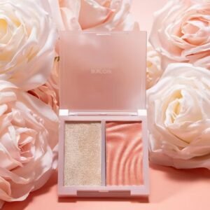 Open rectangular blush compact with two shades, a mirror and pink roses.