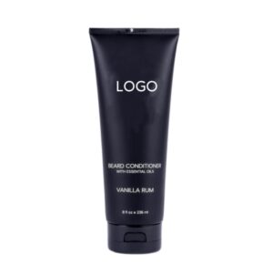 Black tube labeled Beard Conditioner and Vanilla Rum with a placeholder logo.