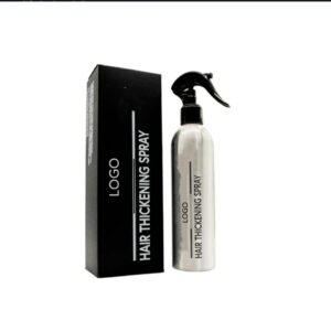 Hair thickening spray bottle with a black trigger and matching carton.