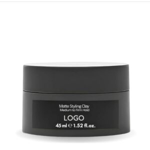 Black jar labeled Matte Styling Clay with a placeholder logo.
