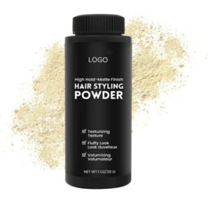 Black hair styling powder bottle against a pale powder background.