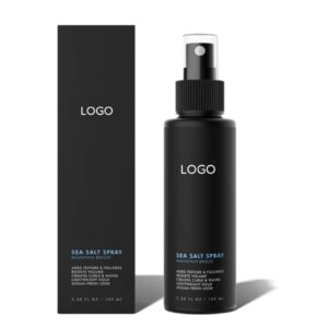 Black sea salt spray bottle and matching carton with placeholder logos.