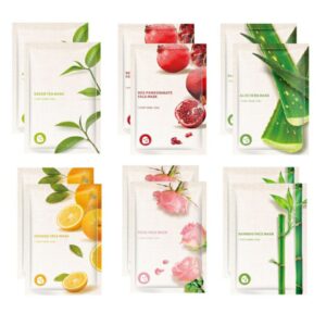 Six varieties of facial mask packets with fruit and botanical illustrations.