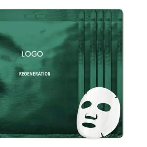 Green face mask packets beside a white sheet mask.