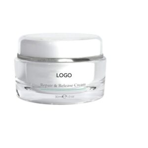 Clear face cream jar with a white lid and placeholder logo.
