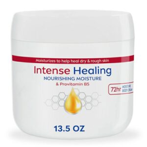 White moisturizer tub labeled Intense Healing and Nourishing Moisture.