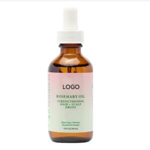Amber bottle labeled Rosemary Oil with a white spray pump and placeholder logo.