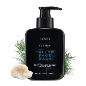 Black pump bottle labeled Tallow Face Wash beside herbs and a cream sample.
