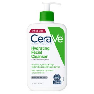 CeraVe Hydrating Facial Cleanser in a white pump bottle with a green pump collar.