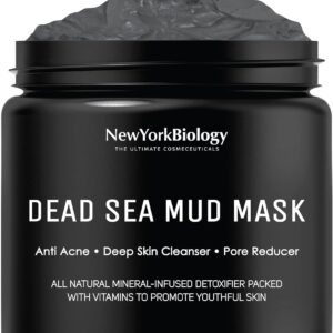 Open New York Biology Dead Sea Mud Mask jar filled with dark gray mask.