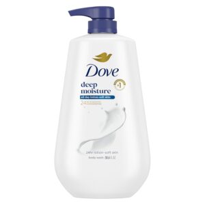 White Dove Deep Moisture body wash bottle with a purple pump.