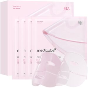 Pink medicube face mask packets and carton with a pink sheet mask.